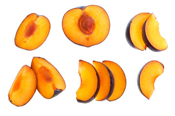 plums isolated on a white background. Top view. Flat lay pattern