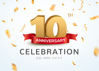 10 Anniversary gold numbers with golden confetti. Celebration 10th anniversary event party template