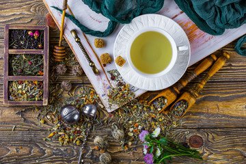Tea in a cup on an old background