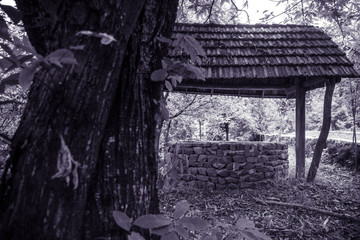 Abandoned well in the forest. Waiting for a terrible girl with a long hair. Halloween concept. Selective focus