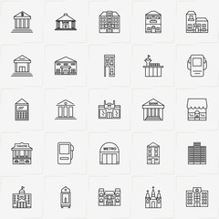 City Building line icon set with municipality house , petrol station  and hospital - 229649542