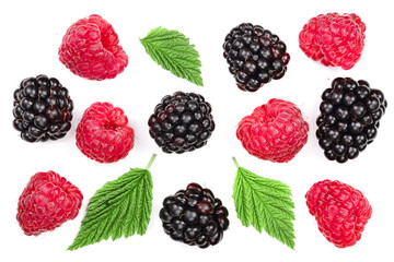 blackberry and raspberry with leaves isolated on white background. Top view. Flat lay pattern