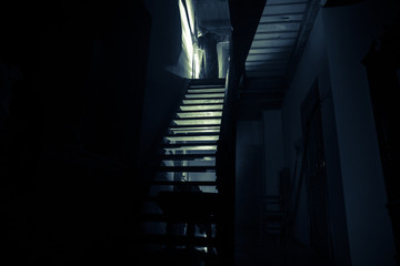 Inside of old creepy abandoned mansion. Staircase and colonnade. Silhouette of horror ghost standing on castle stairs to the basement. Spooky dungeon stone stairs in old castle with light.