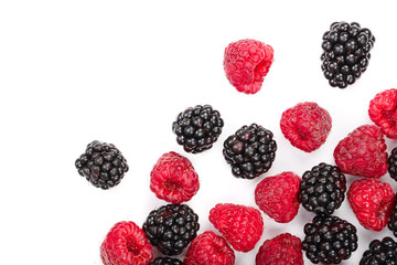 blackberry and raspberry isolated on white background. Top view with copy space for your text. Flat lay pattern