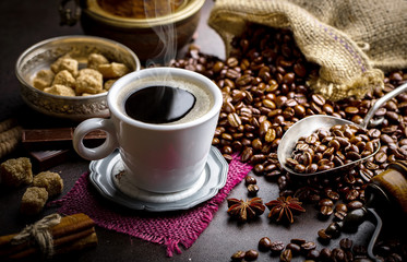 Black coffee on old background