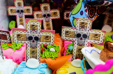 Day of the Dead Skull and Cross Decorations at Market in Mexico City