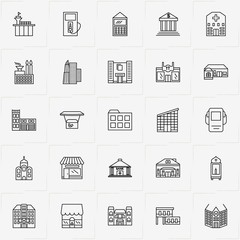 City Building line icon set with skyscraper, factory  and hospital
