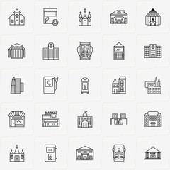 City Building line icon set with market , petrol station  and factory