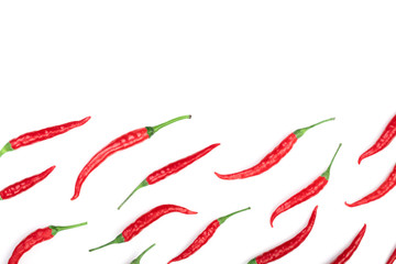 red hot chili peppers isolated on white background with copy space for your text. Top view. Flat lay pattern