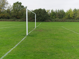 Green grass football / soccer field with goal post.