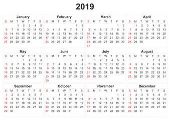 2019 calendar with white background.
