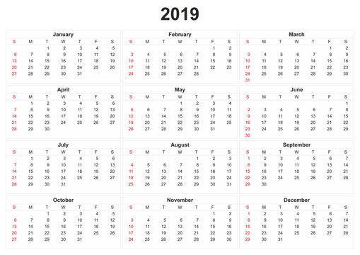 2019 calendar with white background.