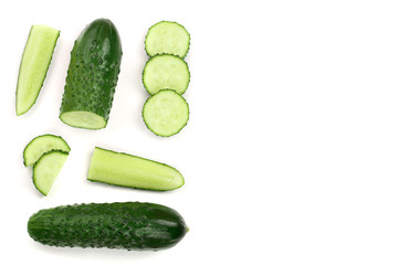 Cucumber slices isolated on white background with copy space for your text. Top view. Flat lay pattern. Set or collection