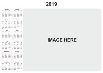 2019 calendar with white background.