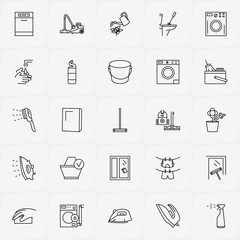 Cleaning line icon set with toilet cleaner, vacuum cleaner  and cleaning brush - 229652504