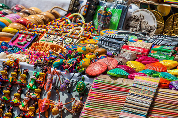 Street sell of Colombian typical handicrafts in the walled city in Cartagena de Indias