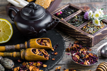 Tea leaves on old background