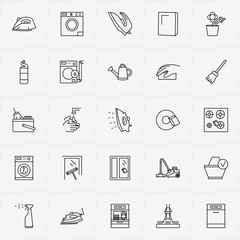 Cleaning line icon set with broom, faucet and rag