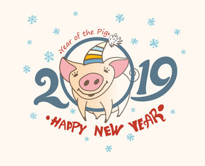 Cute greeting card with a pretty pig in the circle of numbers 2019. Christmas decor blue snowflakes. Happy New Year! Vector New Year's design. 