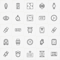 Clock line icon set with alarm clock , cuckoo clock  and clock with pendulum