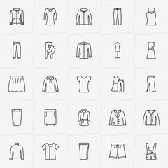 Clothes line icon set with overalls , dress and blazer