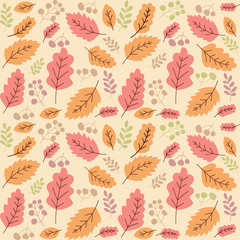 Obraz premium vector hand drawn vintage autumn leaf sprout seamless pattern in warm orange red color template