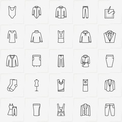 Clothes line icon set with skirt, jacket and trousers
