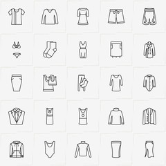 Clothes line icon set with dress, lady shirt  and shorts