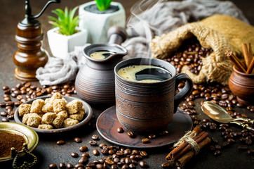 Black coffee on old background