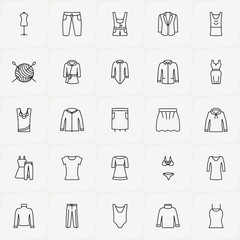 Clothes line icon set with overalls , jacket and sewing hank