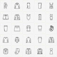 Clothes line icon set with skirt, dress and shorts