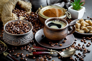 Black coffee on old background