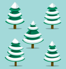 vector cartoon doodle isolated pine tree snow template collection set