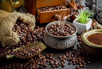 Coffee beans on the old background