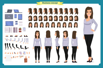 Young woman, casual clothes. Character creation set. Full length, different views, emotions, gestures, isolated against white background. Build your own design.
