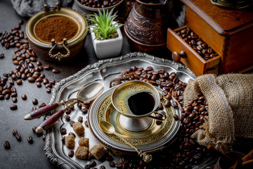 Black coffee on old background