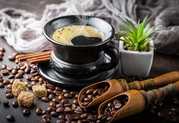 Fotobehang Black coffee on old background © Karnav