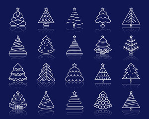 Christmas Tree simple white line icons vector set