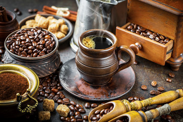 Black coffee on old background