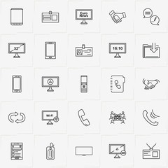 Communications line icon set with phone, television and partnership