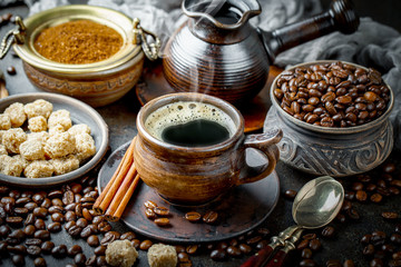 Black coffee on old background