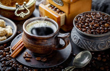 Black coffee on old background