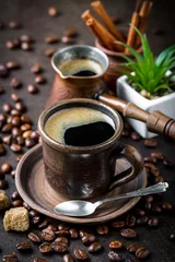 Fototapete Cafe Black coffee in a composition with kitchen accessories  © Karnav