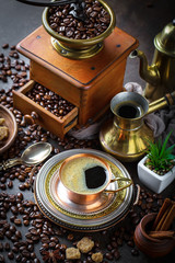 Black coffee on old background