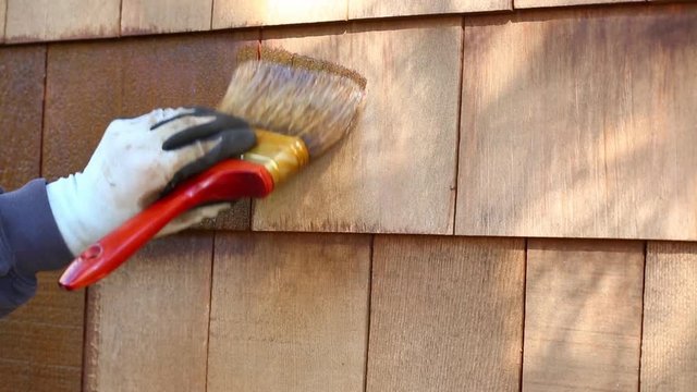 Close-up of hand wearing protective work gloves with brush paintbrush applying stain to cedar wood shingles exterior siding. Home maintenance renovation improvement DIY projects.