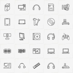 Computer line icon set with hard disk fan , micro card and wireless network receiver