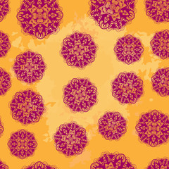 Fototapeta premium Seamless pink mandalas on yellow color