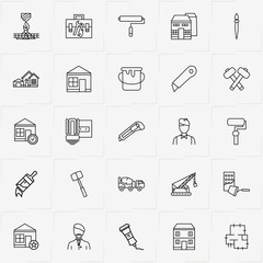 Fototapeta premium Construction line icon set with house plan , house and painter