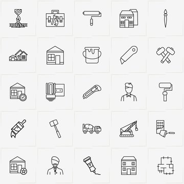 Construction line icon set with house plan , house and painter