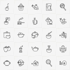Cooking line icon set with add salt to bowl, baking cookies  and frying pan
